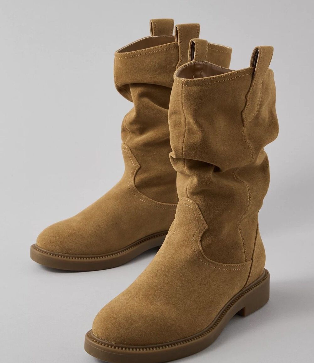 American Eagle Women’s Tan Suede Leather Faux Fur-Lined Slouch Boots Size US 7 /